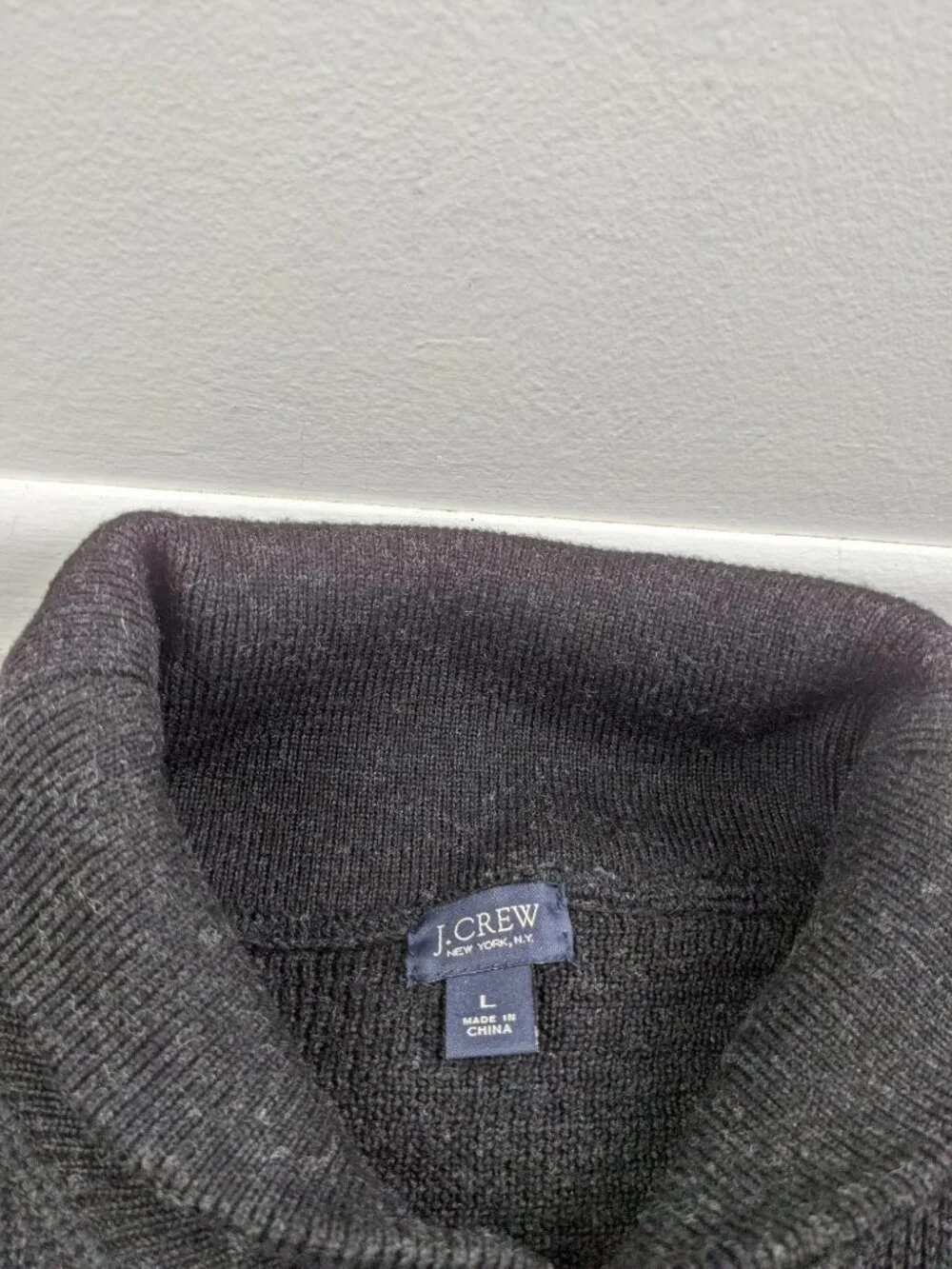 J Crew Sweater 100% Wool Shawl Polo 1/4 Button Black Gray Mens Large